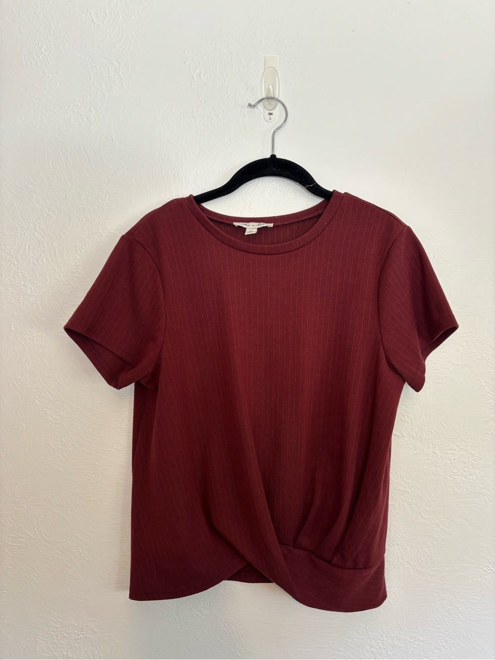 She + Sky Short-Sleeve Twist Front Top - Burgundy